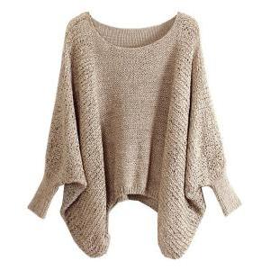 Beige Slouchy Knit Sweater With Batwing Sleeves