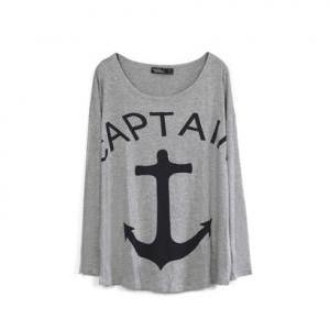 * Ship* Grey Anchor Print Loose T-shirt