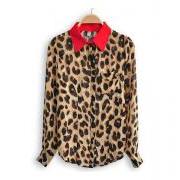 *free ship* Color block leopard red collar blouse