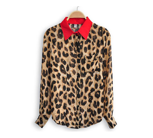 * Ship* Color Block Leopard Red Collar Blouse