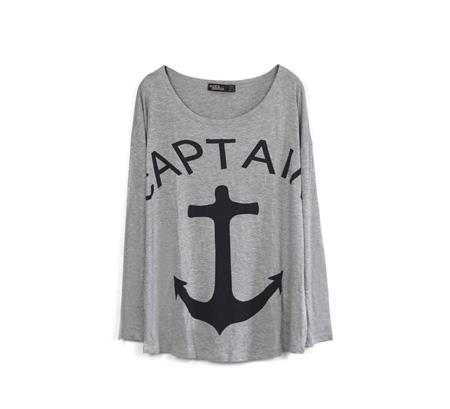 * Ship* Grey Anchor Print Loose T-shirt
